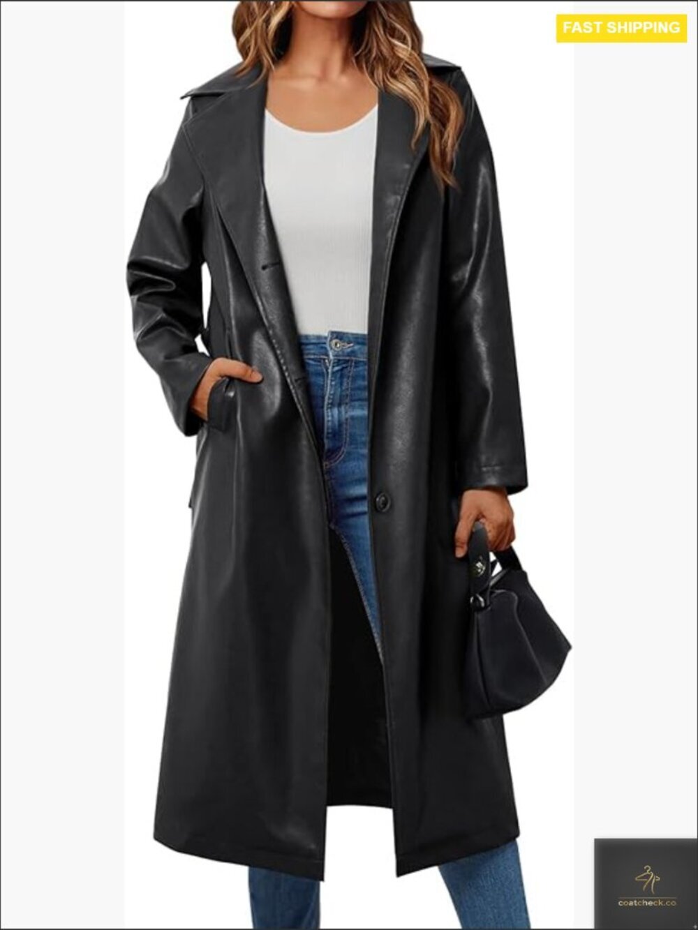 Faux Leather Trench Coat Long Lapel Open Front Belted Chic Classic Style
